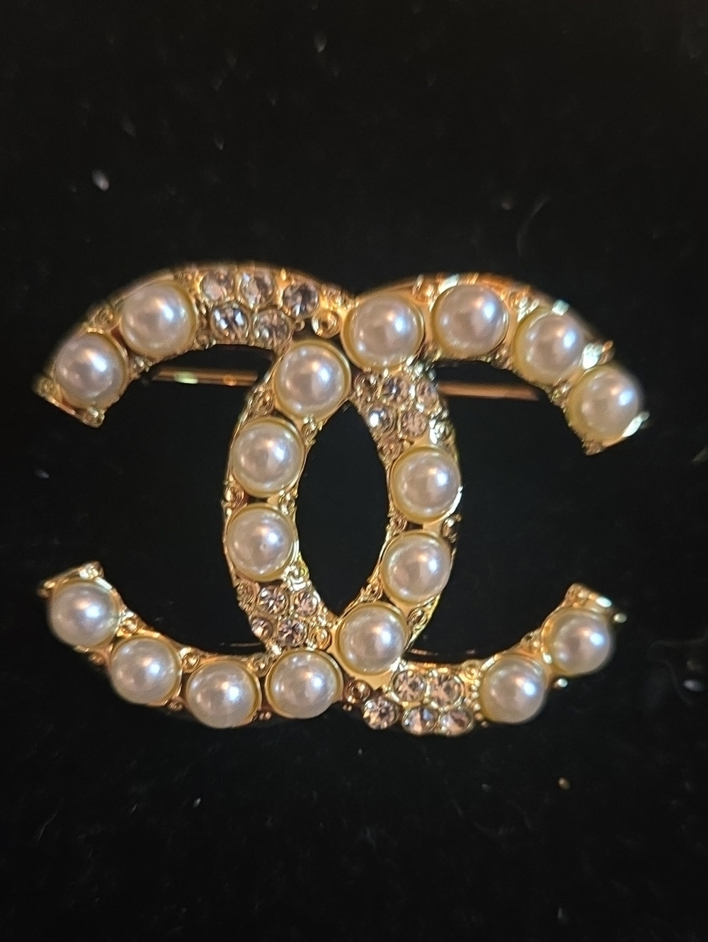 Gold Pearl & Crystal Double-C Logo Brooch - Designer Style Pin